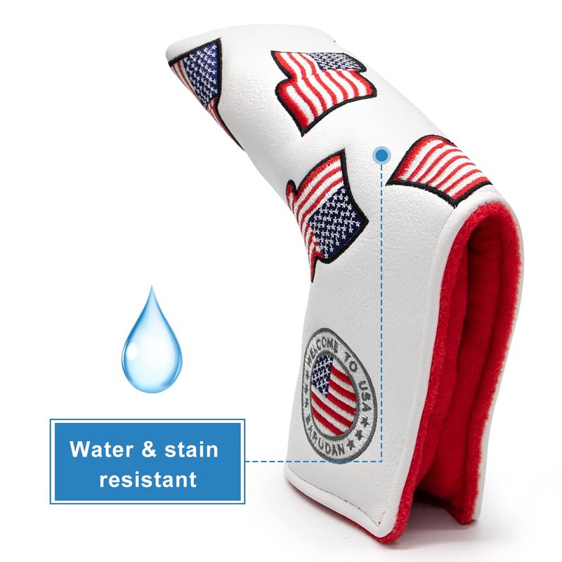 US Flag Putter Headcover - Premium Leather Magnetic Head Cover - White Golf Accessory