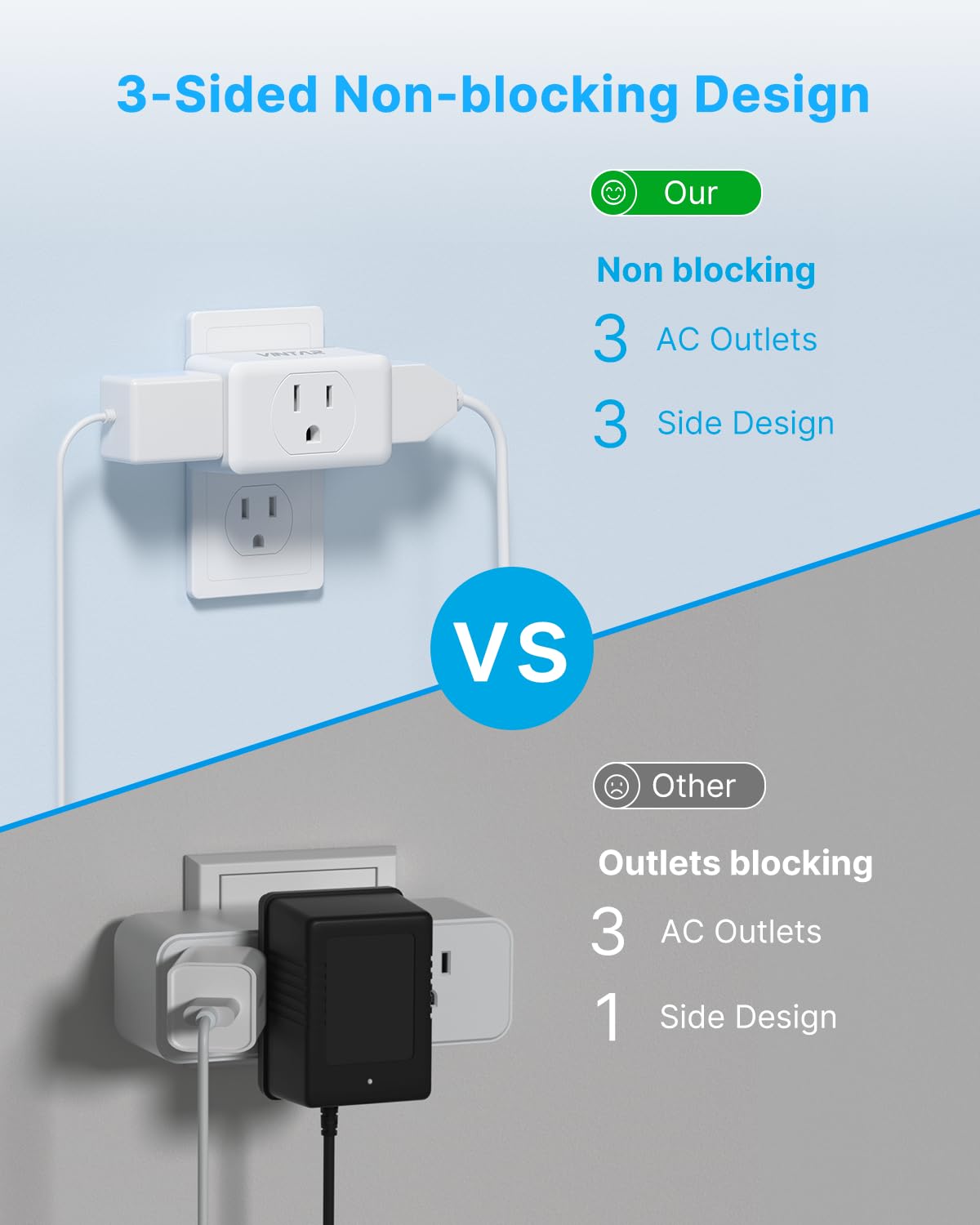 Multi Plug Wall Outlet Extender 2 Pack, VINTAR Electrical Multiple Outlet Splitter, 3 Way Plug Adapter, Small Wall Expander for Home Office Dorm Cruise Ship Travel Essentials