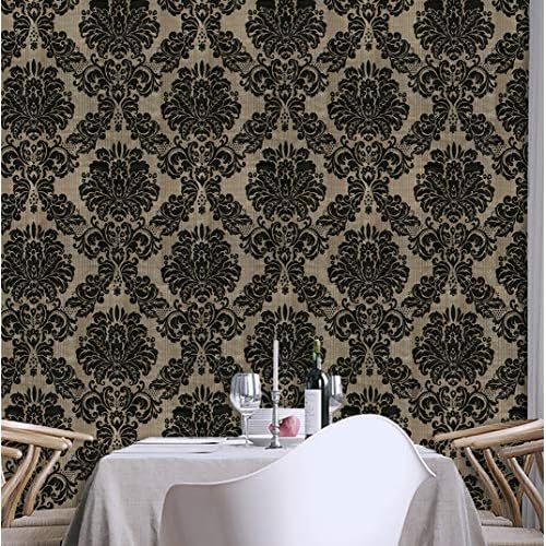 JLHOUSE Vinyl Victorian Damask Wallpaper Stick and Peel - self Adhesive Wallpaper Brown/Black Removable Paper for Bedroom Living Room Walls -17.7inch x 118inch/Roll