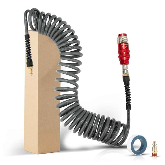 Wangsucc 1/4 In × 25 ft Heavy Duty Polyurethane Recoil Air Hose, Bend Restrictors Compressor Hose with 5 IN 1 Universal Coupler, Lightweight, Coiled PU Air Hose 1/4'', (Gery)