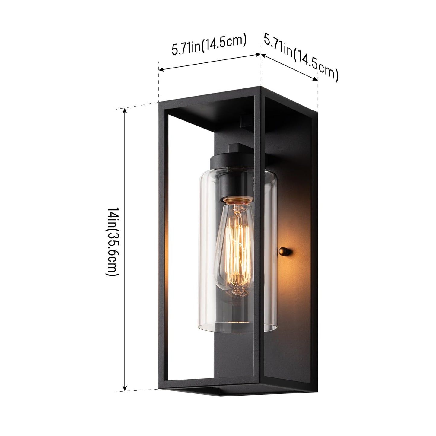 mirrea 14" Dusk to Dawn Outdoor Wall Sconce 1 Light in Cylinder Glass Shade and Matte Black Rectangular Metal Frame Waterproof Porch Light Patio Light Pack of 2