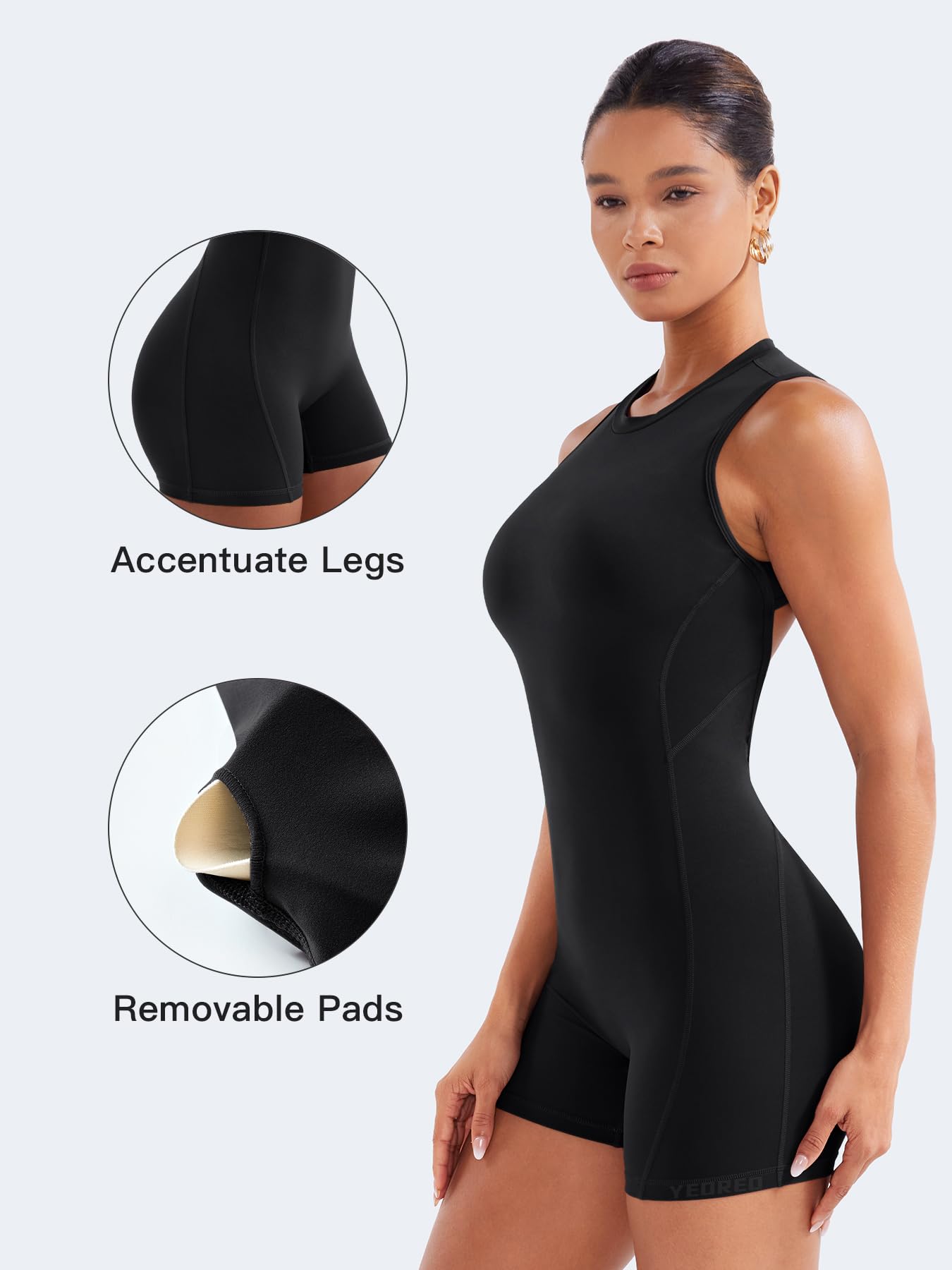 YEOREO CoreFlex Backless Workout Jumpsuits Women Padded Romper Black M