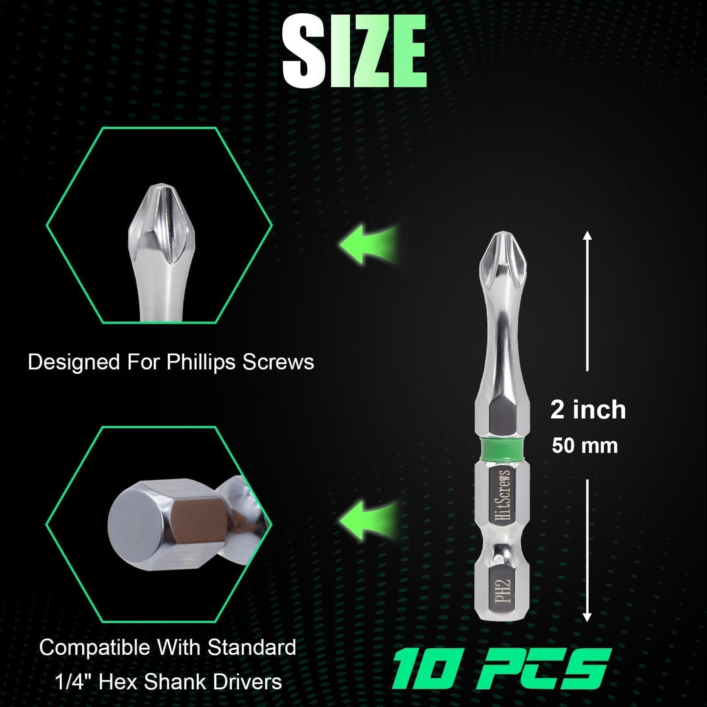 Hitscrews Magnetic Screwdriver Bits PH2, 2-Inch Impact Driver Bits #2, S2 Steel Chrome Finish Phillips Bits For Impact Driver, Home Improvement & DIY - 10 Pack