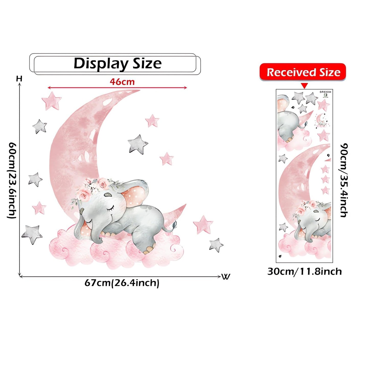 Cute Pink Sleeping Baby Elephant Wall Stickers, sacinora Moon and Stars DIY Art Wall Decals Removable Vinyl Peel and Stick for Kids Baby Girls Nursery Bedroom Toddler Room Decorations