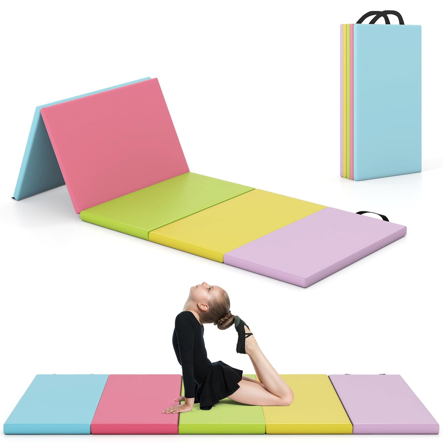 Goplus Gymnastics Mat, 6.6'x2.5' 5-Panel Folding Tumbling Mat w/Carrying Handles, Hook&Loop Fastener, Portable PU Leather Rainbow Exercise Mat for Home Gym Aerobics Yoga