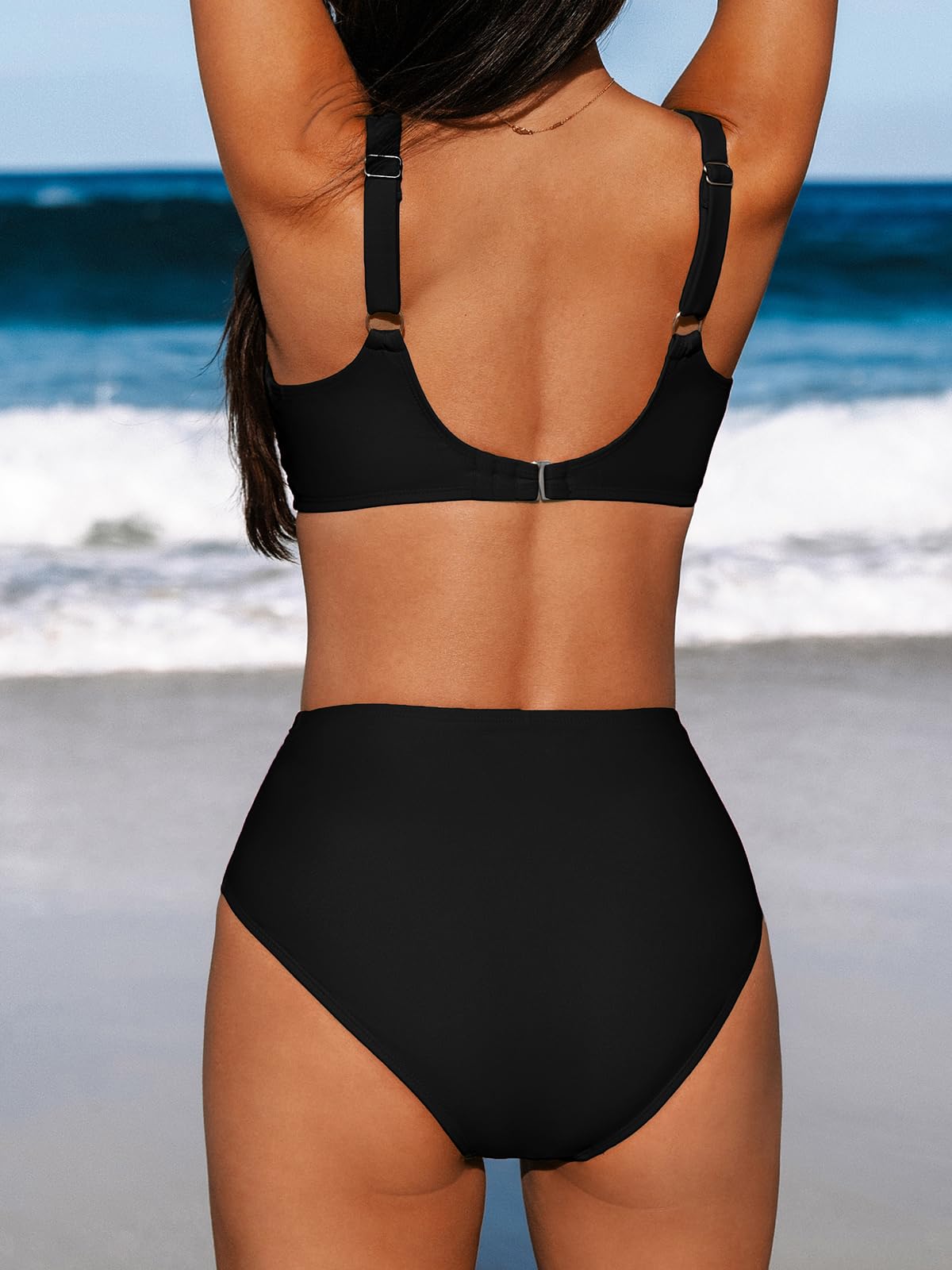 CUPSHE Women's Bikini Sets High Waisted Swimsuit Underwire Adjustable Straps Twisted Hook Full Coverage Bottom, M Black