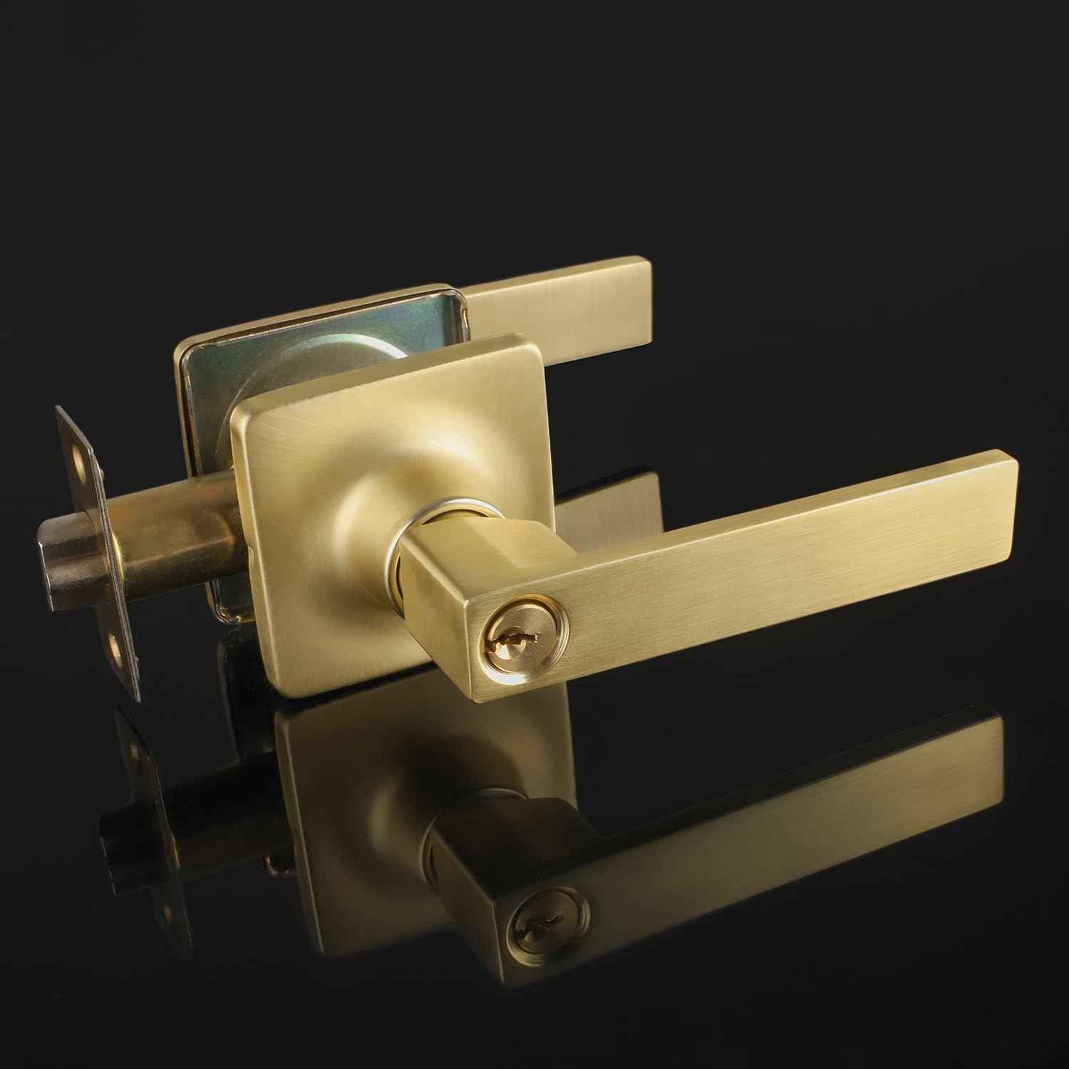 5 Pack Door Knobs Interior, Bedroom Locking Door Knob, Satin Brass Entry Door Handles, Gold Door Lever Same Key, Reversible for Left Right Sided Doors