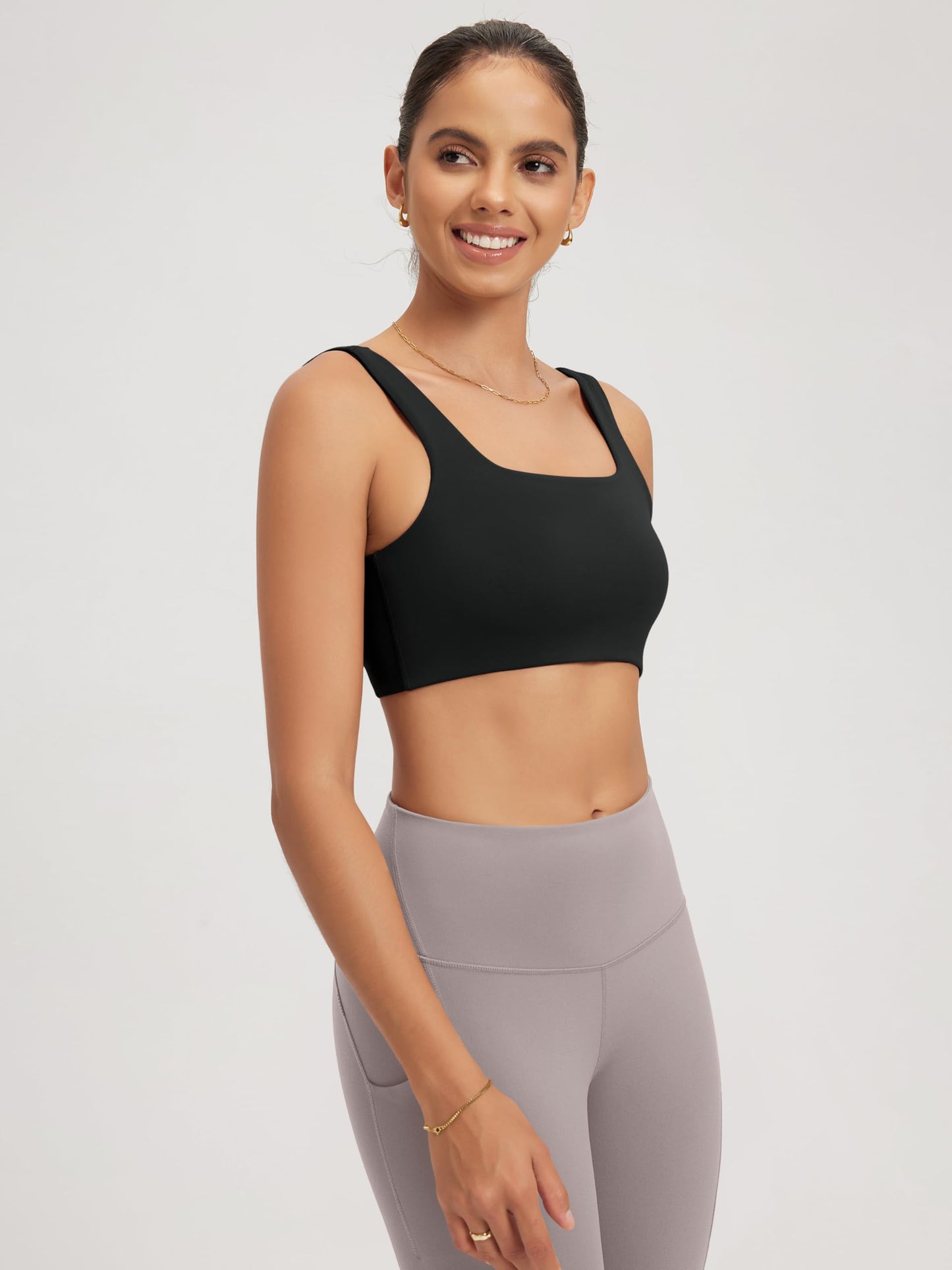 ODODOS Square Neck Sports Bra for Women Wirefree Non Padded Yoga Tank Workout Crop Tops, Black, Medium