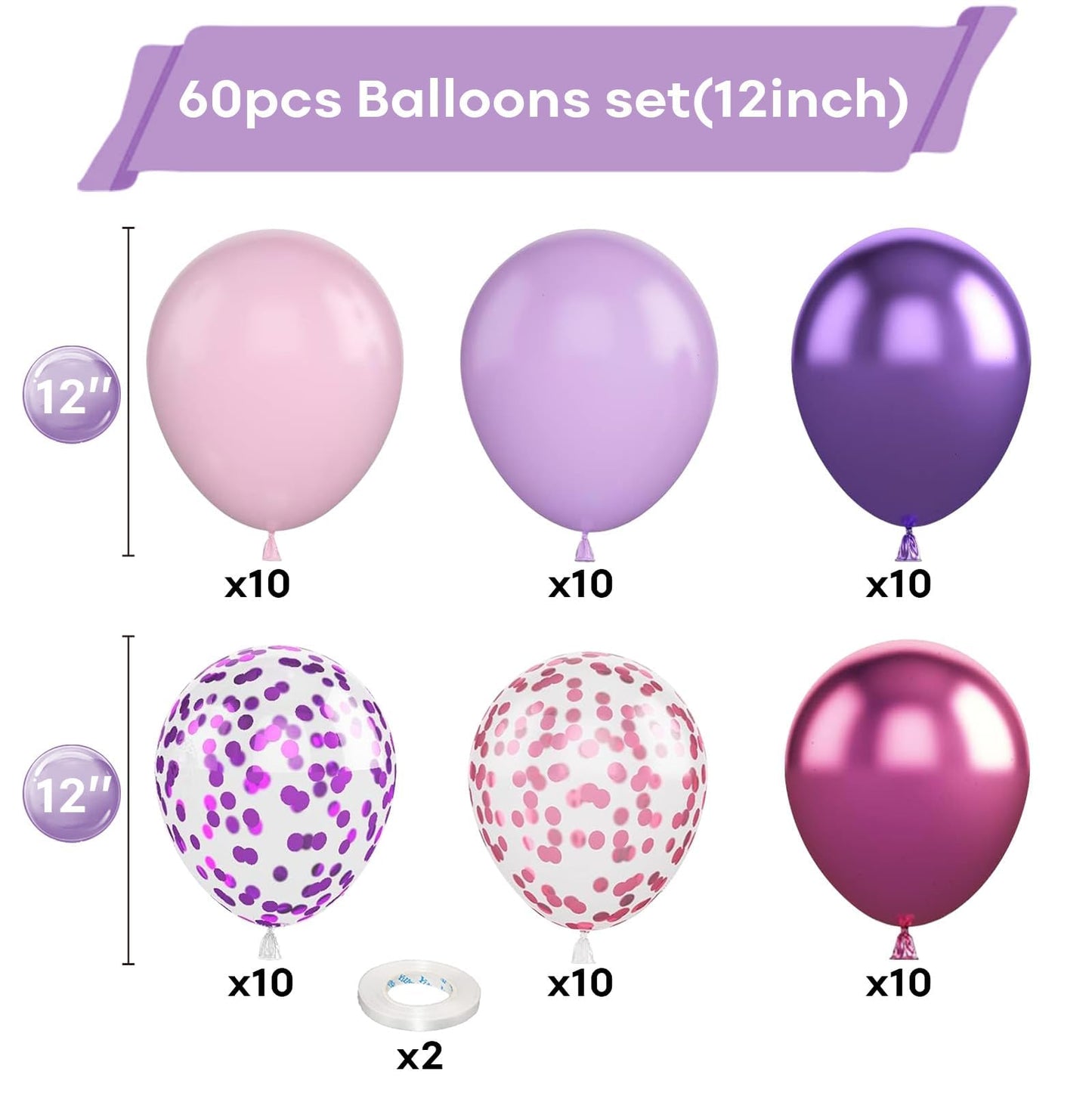 Purple Pink Balloons, 60 Packs 12 Inch Metallic Purple Pink Confetti Balloons, Pastel Lavender Balloon for Girls Women Birthday Wedding Bridal Baby Shower Princess Music Theme Party Decoration