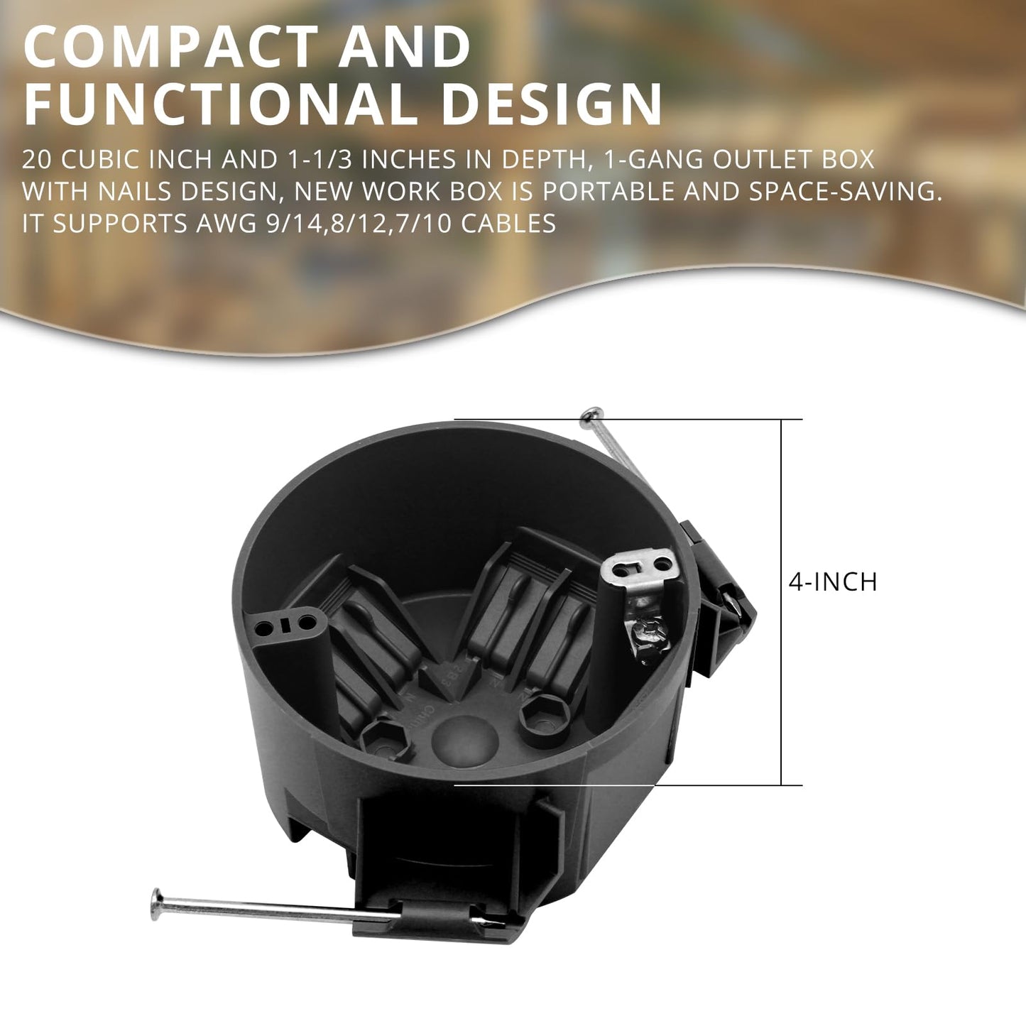 YQMIGU New Work 4" Dia Round Ceiling Nail Electrical Black Box 1-Gang, Home Improvement PVC Electrical Junction Black Box, ETL Listed, 20 Cubic Inch, Suitable for Residential Renovation(2 Pack)