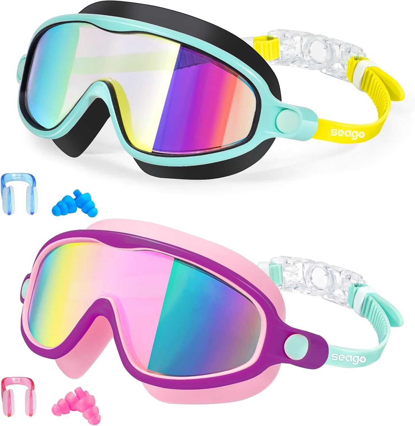 Seago Swim Goggles - 2 Pack Anti-Fog & Anti-UV Wide View Goggles for Kids Ages 3-14
