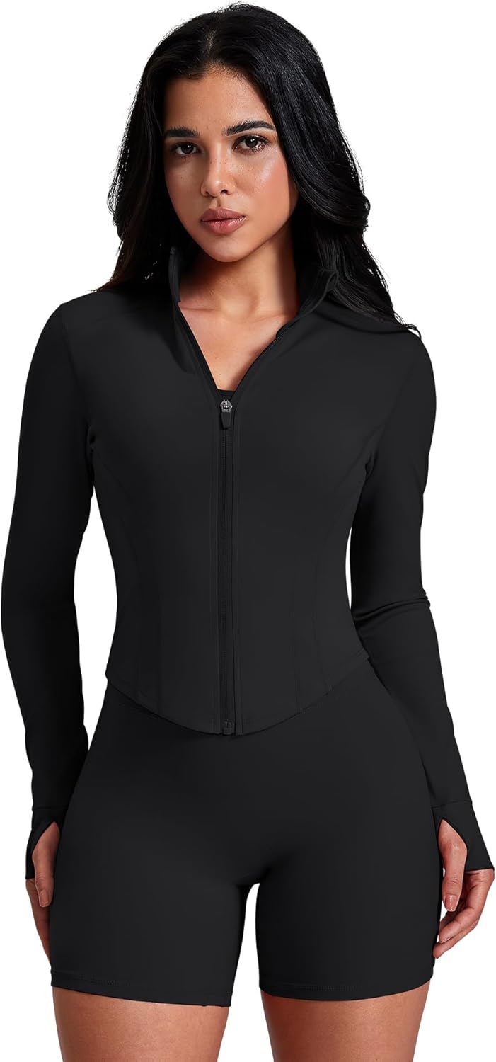 AVGO Women's Workout Jacket - Lightweight Zip-Up Crop Top for Running | Slim Fit with Thumb Holes