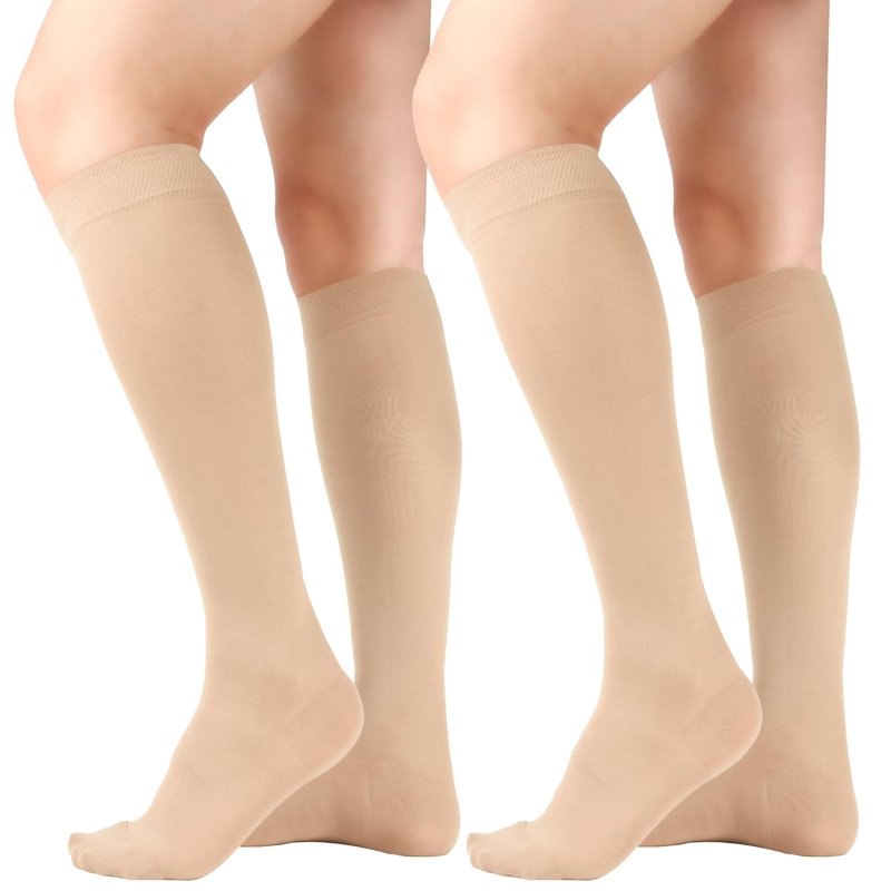+MD 2 Pairs 15-20 mmHg Medical Compression Socks for Men/Women, Lightweight Opaque Knee High Support Stockings，Beige,M