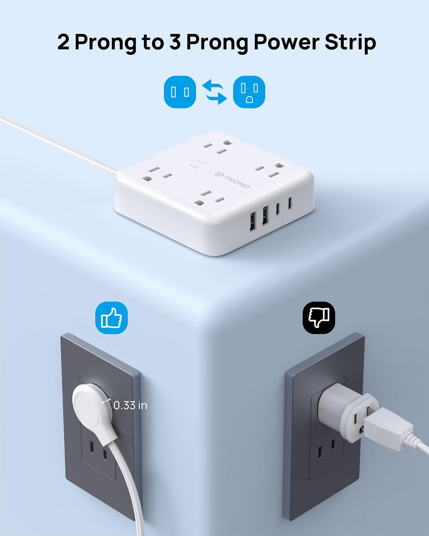 TROND 2 Prong Power Strip - 2 Prong to 3 Prong Outlet Adapter, Polarized Flat Plug, 4 AC & 4 USB, 5ft Extension Cord, Wall Mountable Surge Protector Outlet for Non-Ground Socket in Old House, White