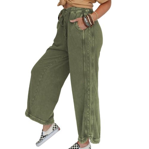 Hixiaohe Women's Casual Wide Leg Sweatpants High Waist Baggy Acid Wash Pants Drawstring Athletic Palazzo Pants with Pockets(Army-Green,M)