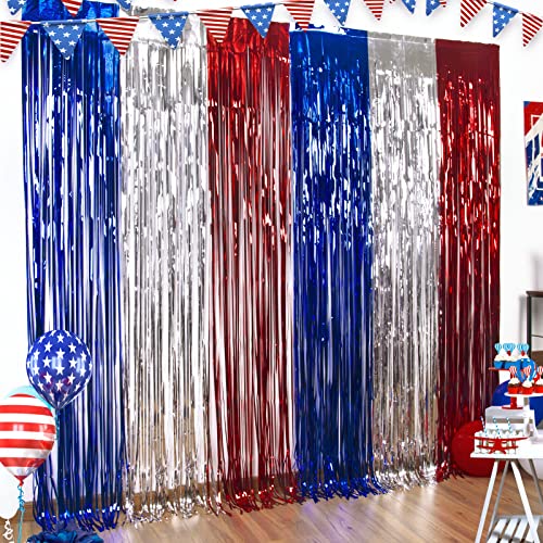 LOLStar 3 Pack 4th of July Red White Blue Foil Fringe Curtains - Patriotic Party Decorations
