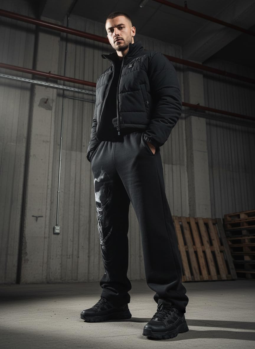 Piuntersite Men's Skull Print Sweatpants Relaxed Fit Punk Gothic Joggers Streetwear Hip Hop Lounge Track Pants with Pockets Black L