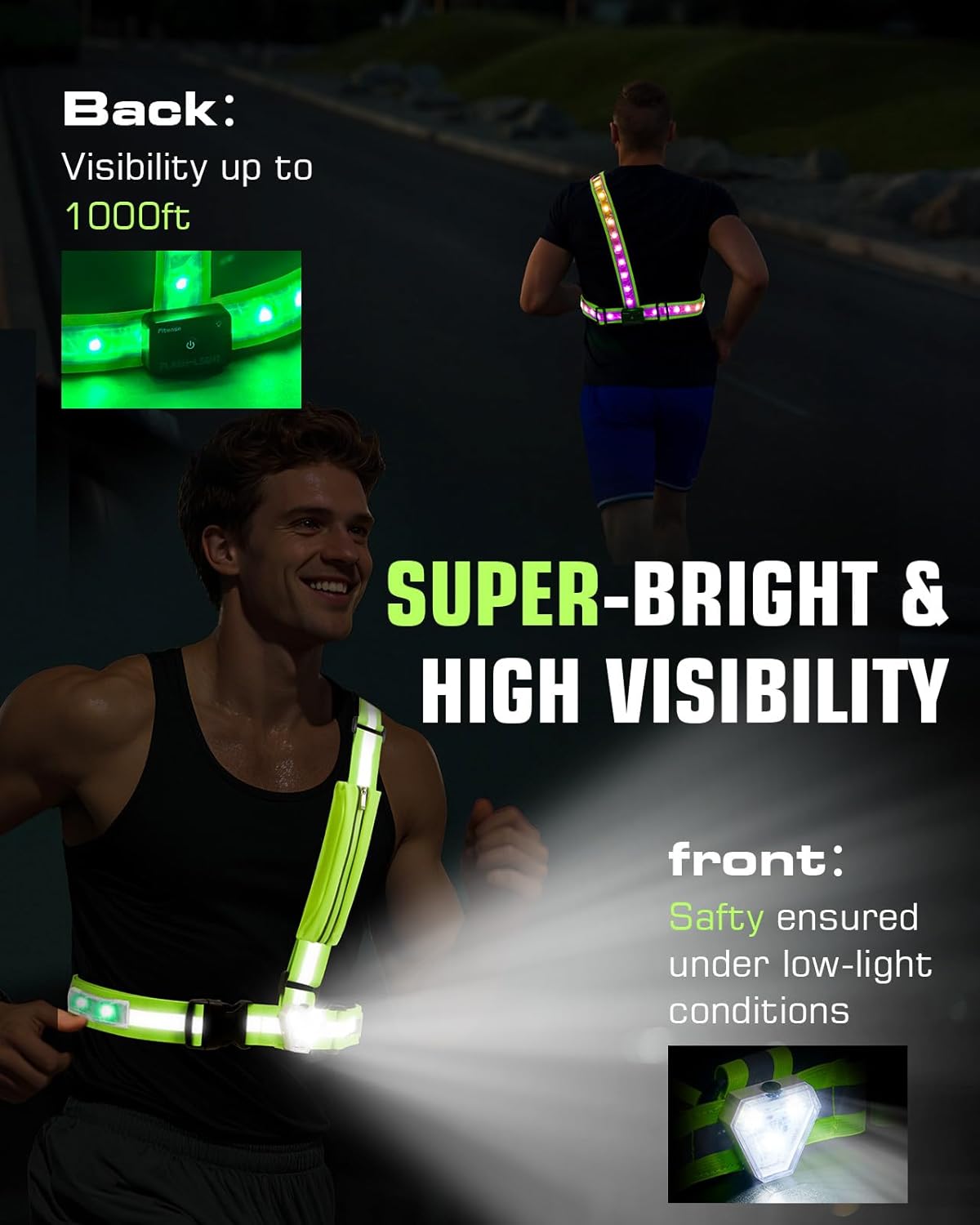 Zacro LED Reflective Vest - 500LM Rechargeable Light Up Running Gear | 5 RGB Colors, IPX4 Waterproof, Adjustable for Men & Women