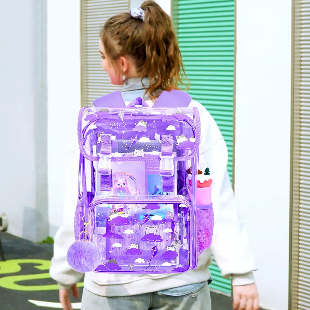 ZLYERT 17" Cat Clear Backpack for Girls - 3Pcs Flip Design Stadium Approved Set, Campus/School Transparent Bookbag (Purple)