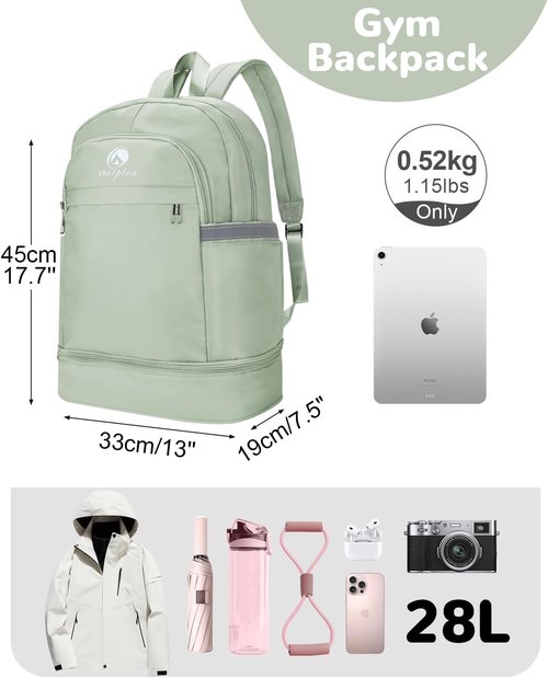 28L Small Gym Backpack with Shoe Compartment for Men Women, Waterproof Sports Backpack with Wet Pocket, Green