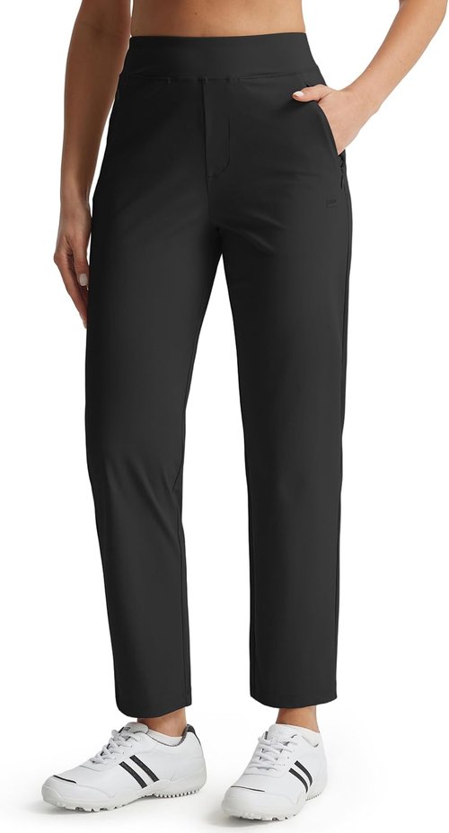 Libin Women's Golf Pants - Stretchy High-Waisted Travel Dress Pant with Zipper Pockets | Lightweight Black, 27" L