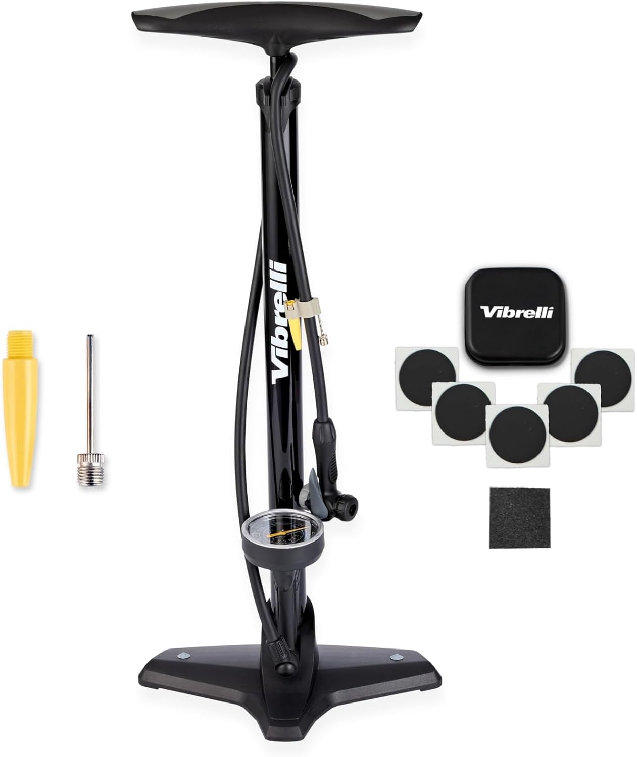 Vibrelli Bike Floor Pump with Gauge - High Pressure 160 PSI | Presta & Schrader Compatible, Includes Puncture Kit