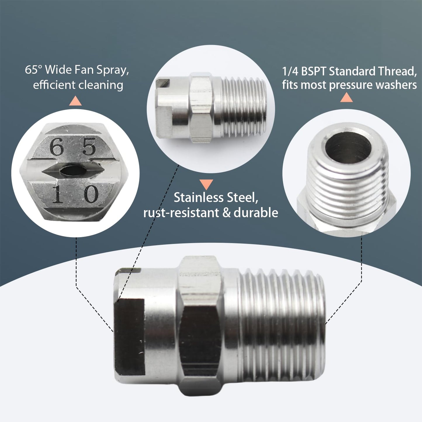 Narcilors 4 Pcs High Pressure Spray Fan Washer Soap Nozzle Tip Stainless Steel 1/4 BSPT 65 Degree Fan 10.0 Oriface Diameter Pressure Washer Parts