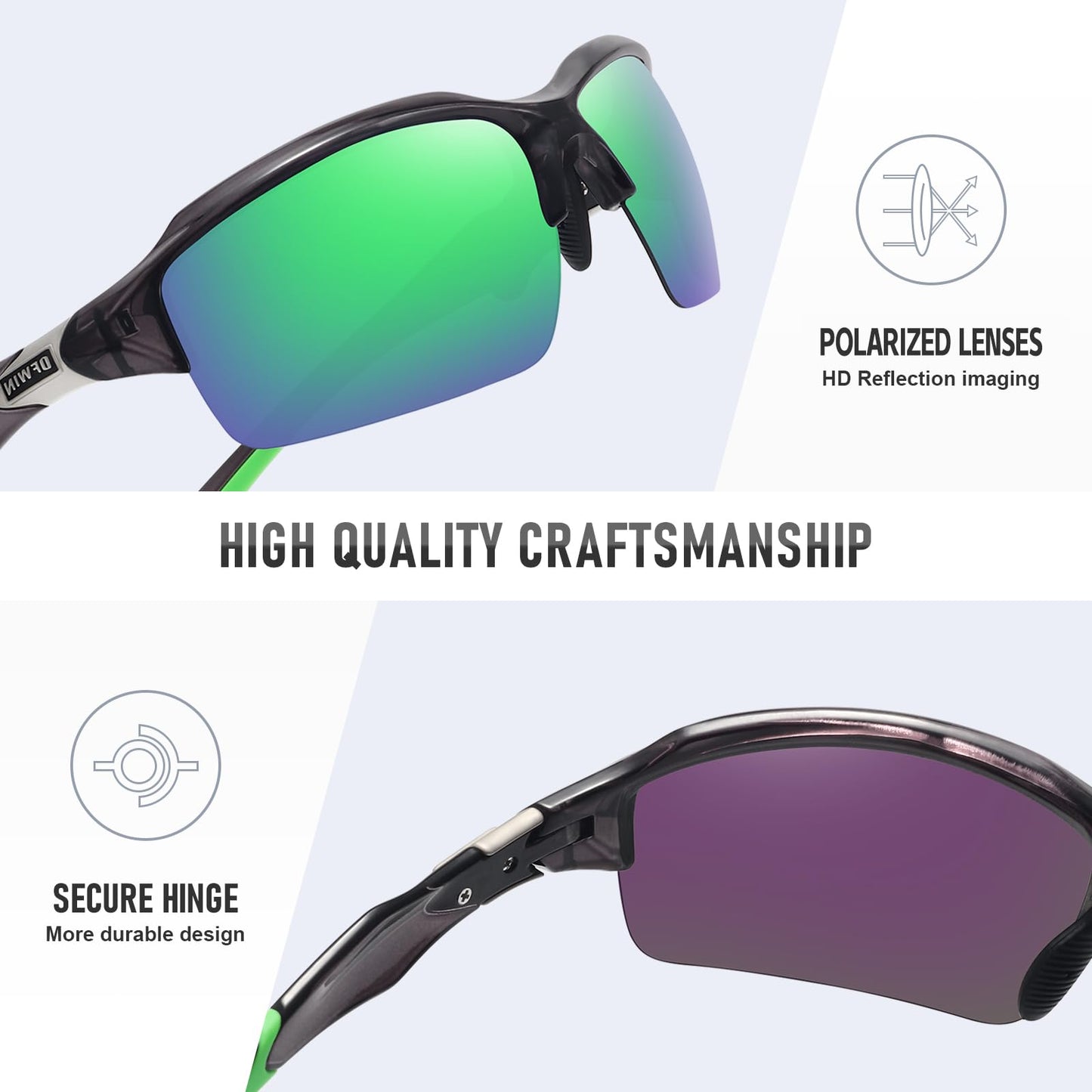 Ofwin Polarized Sports Sunglasses for Men Women Wrap Around Half Frame Cycling Fishing Bike Running Sun Glasses UV Protection White Frame/Blue Mirror Lens