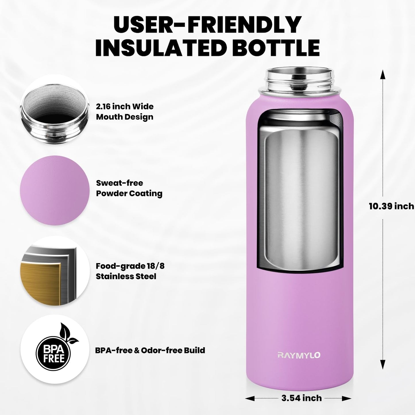 RAYMYLO Insulated Water Bottle 40 oz, Triple Wall Vacuum Stainless Steel (Cold for 36Hrs, Hot for 18Hrs), Leak Proof & Non-BPA, Modern Water Flask Jug with Paracord Handle & Straw Spout Lids