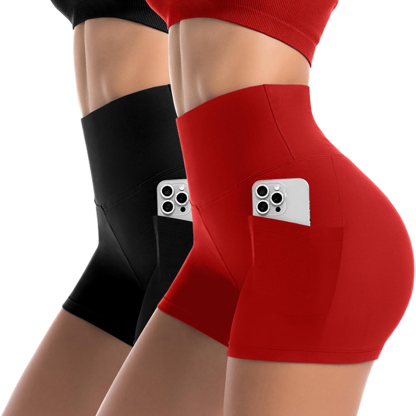 Leafigure 2 Pack Womens Biker Shorts with Pockets - 4" High Waisted Yoga Gym Running Workout Booty Shorts Black/Red S-M
