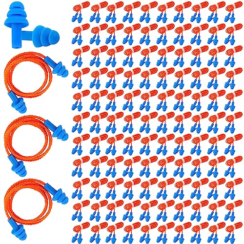 Xuhal 200 Pairs Corded Ear Plugs Silicone Earplugs with Cord Individually Wrapped Reusable Earplugs Sleep Noise Cancelling Hearing Protection for Snoring Shooting Studying Construction (Blue)