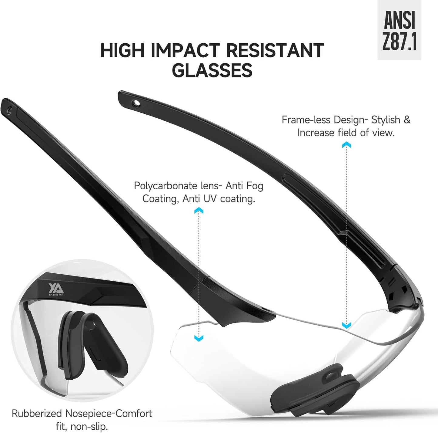 Xaegistac Safety Glasses - Anti-Fog Shooting Glasses with Wide Field of View & Soft Nose Pad