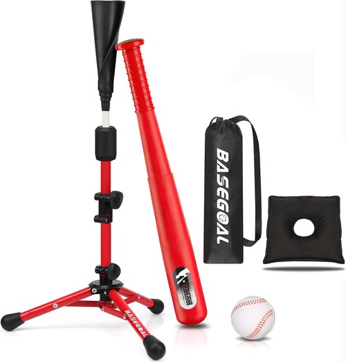 BaseGoal Kids Baseball Tee Set - Adjustable Height Youth Teeball Batting Equipment | Perfect for Softball
