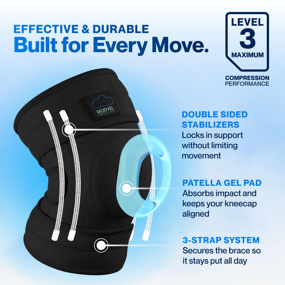 Modvel ELITE Knee Brace - Maximum Support with Patella Gel Pads & Side Stabilizers for Injury Recovery | Ideal for Running & Joint Pain Relief