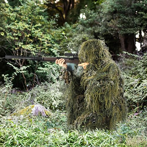 EAmber Youth & Adult Ghillie Suit for Hunting & Camouflage - Green Leafy Forest, Height 5.9-6.3 ft
