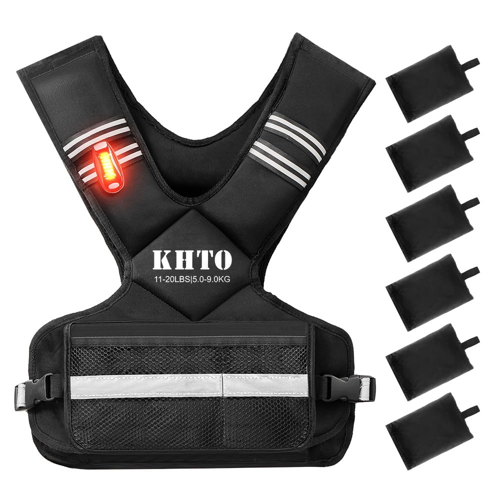 KHTO Adjustable Weighted Vest for Men and Women – X Shaped Weight Vest with Warning Light, Reflective Strip – Weighted Walking Vest Strength Training Weight Vests for Home, Gym (11-20lb)