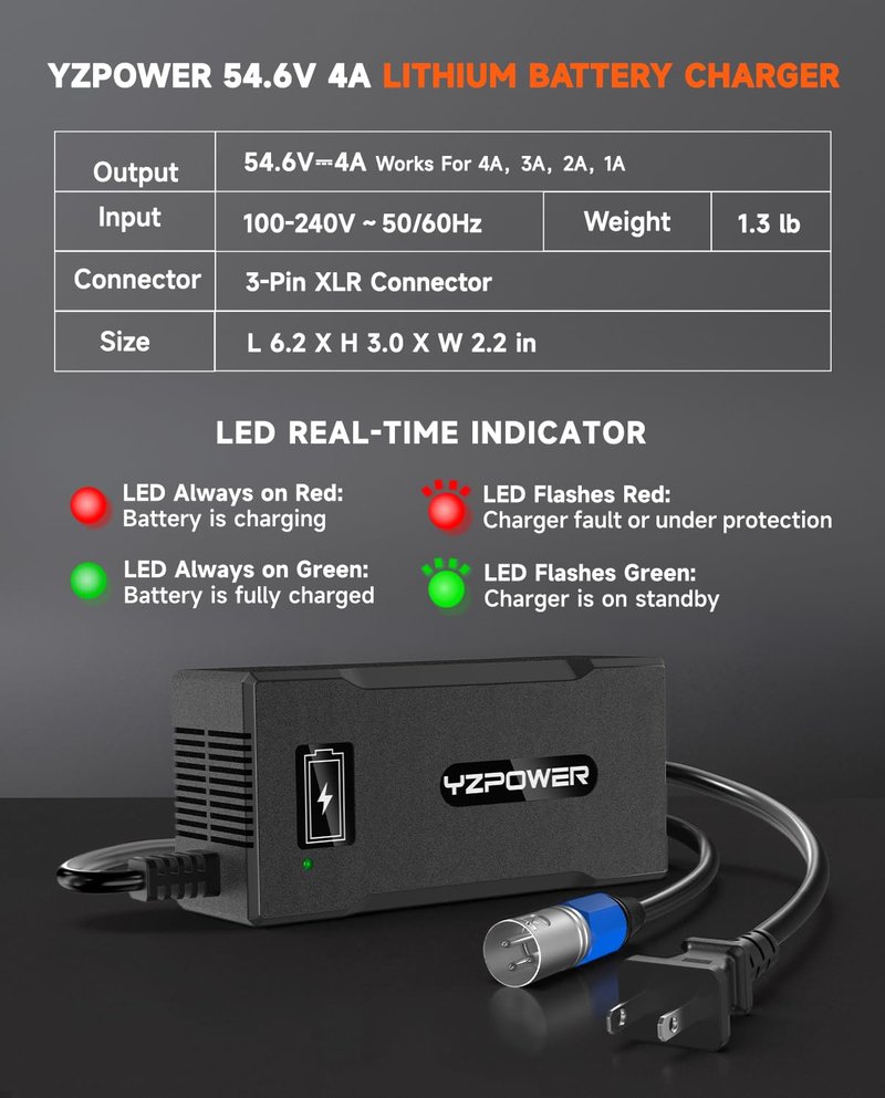 YZPOWER 48V Lithium Battery Charger 54.6V 4A Fast Charger with Turbo Cooling Fan - Overheat Protection, 3-Pin XLR Connector for Electric Bike/Scooter/E-Scooter/Electric Scooter/Ebike
