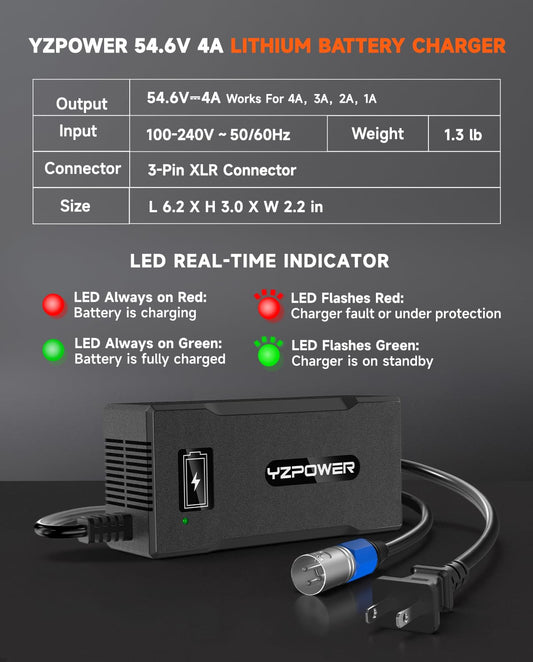 YZPOWER 48V Lithium Battery Charger 54.6V 4A Fast Charger with Turbo Cooling Fan - Overheat Protection, 3-Pin XLR Connector for Electric Bike/Scooter/E-Scooter/Electric Scooter/Ebike