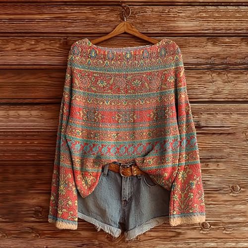 Boho Vintage Long Sleeve Knit Top for Women - Orange-C, 3X-Large