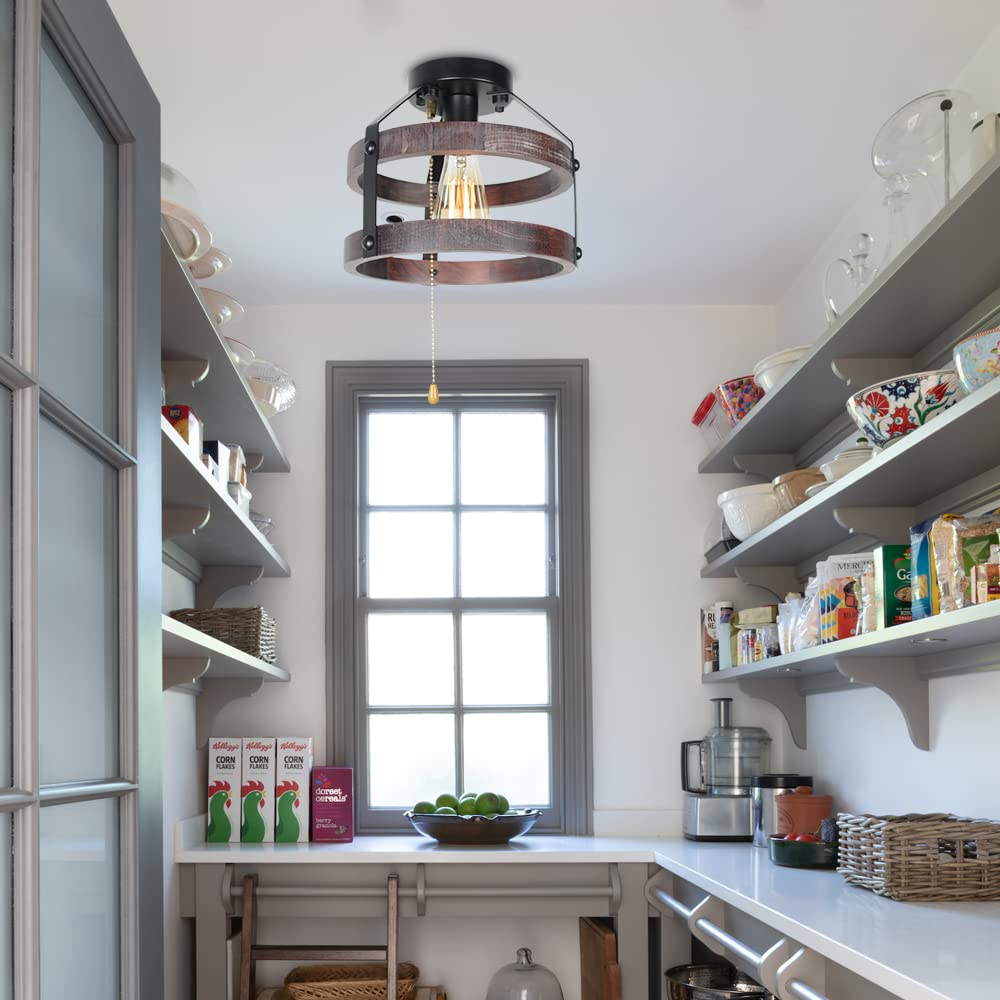 Farmhouse Flush Mount Ceiling Light with Pull Chain, 1-Light Small Wood Rustic Close to Ceiling Light Fixture Pull String Country Home Lighting Edison E26 8060PC