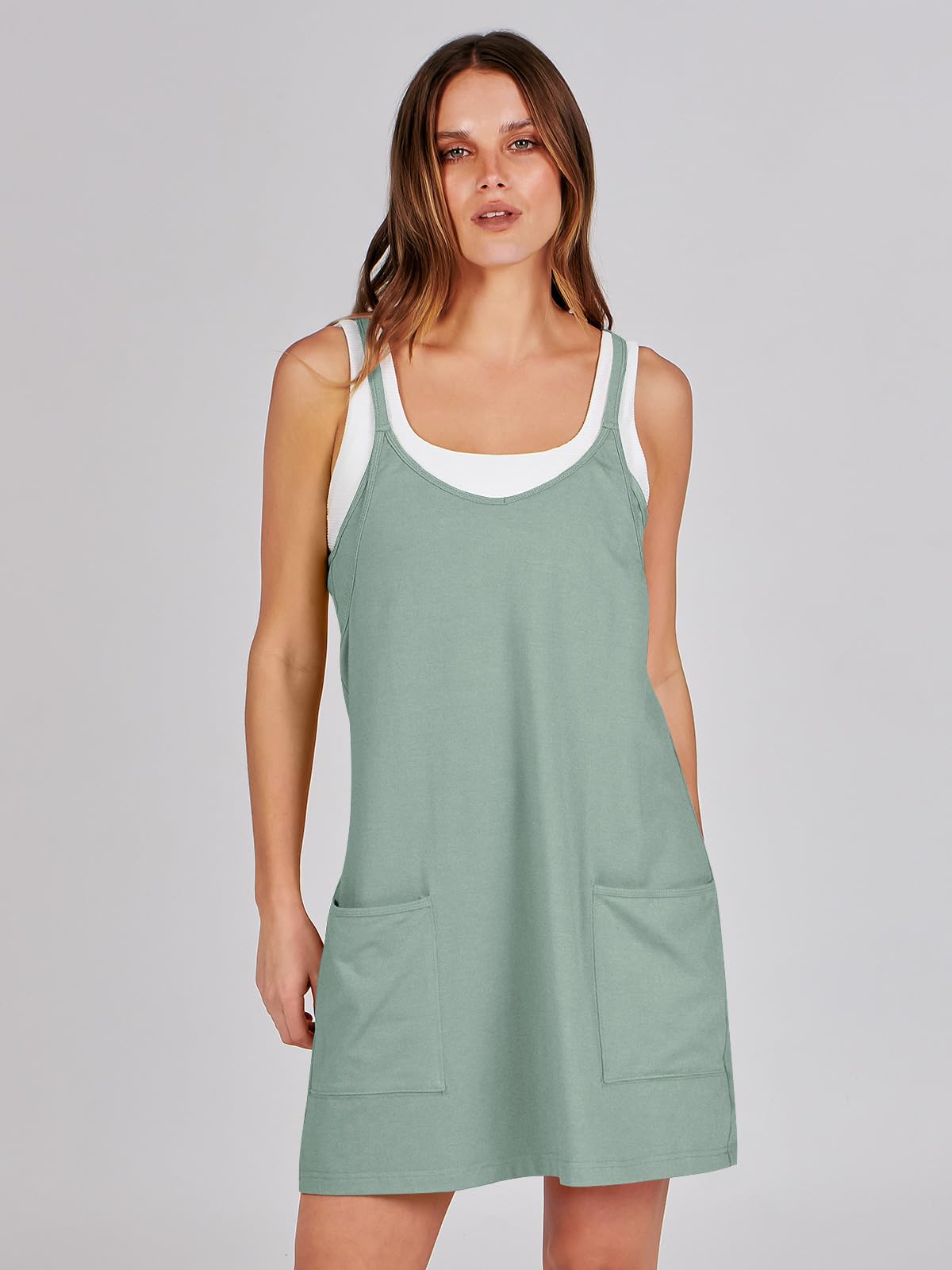 ANRABESS Women Athletic Dress Summer Tennis Workout Active Sports Mini Romper Dress Built in Shorts Travel Vacation Clothes Gray Blue Large