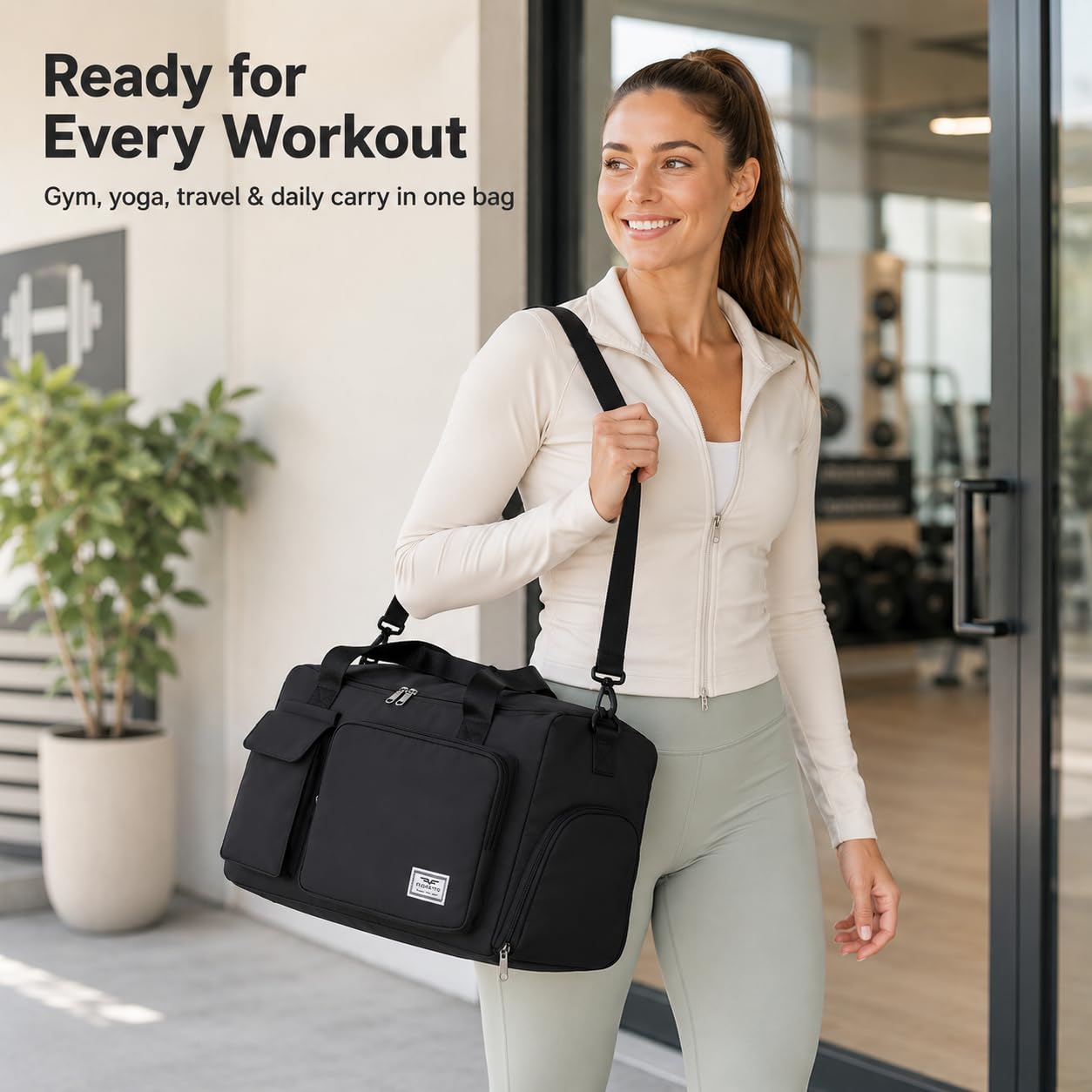 FIORETTO Women's Gym Duffle Bag with Shoes Compartment, 30L Capacity, Ideal for Travel, Gym, Sports, Duffel, Weekender, Black
