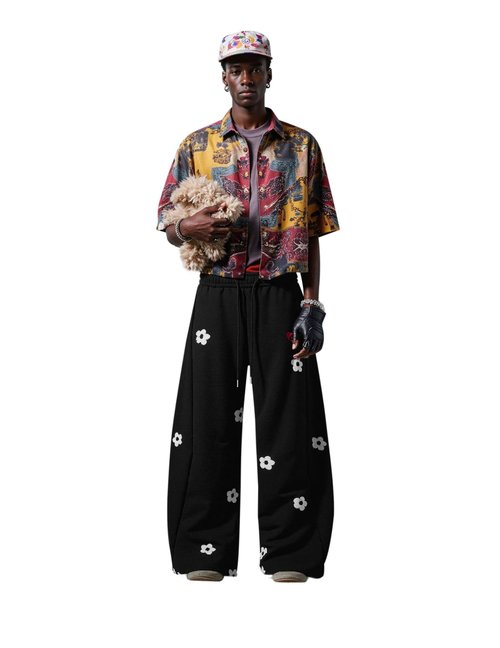 Aelfric Eden Baggy Wide Leg Sweatpants Flower Embroidery Casual Y2K Elastic Drawstring Lantern Barrel Lounge Trouser Pants Black L