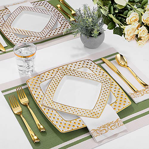 FOCUSLINE Gold Diamond Rim Square Disposable Dinnerware Set for 25 Guests, 175 Pieces
