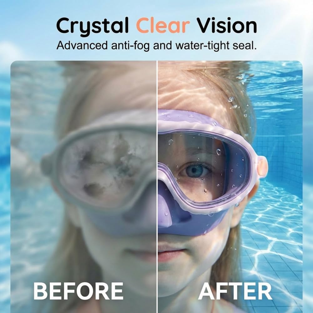 Runsgo HD Children's Waterproof Anti-Fog Swimming Goggles - Large Frame with Wide View & Nose Cover