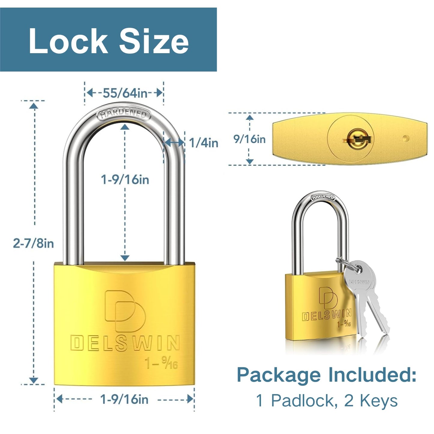 DELSWIN Weatherproof Padlock with Key - Heavy Duty Solid Brass Locker Lock with 1-9/16" Long Shackle, Marine Grade Pad Lock for Outdoor Gate, Fence, Shed (1 Pack)