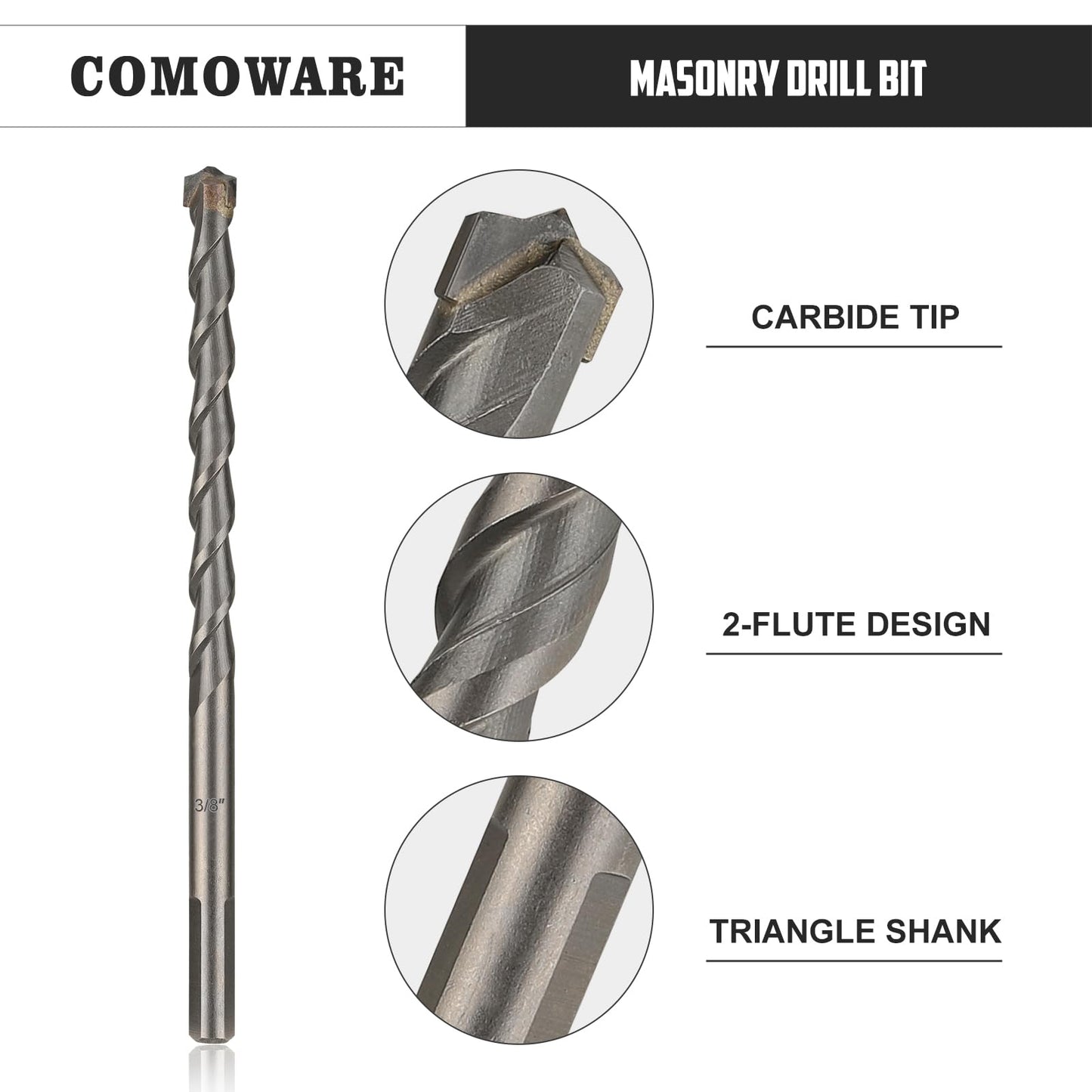 COMOWARE Concrete Drill Bit Set 7pcs, 3/16"-1/2", Masonry Drill Bit Set Carbon Steel,Carbide Tip,Triangle Shank for Brick, Masonry,Rock, Ceramic Tile, Cement Concrete