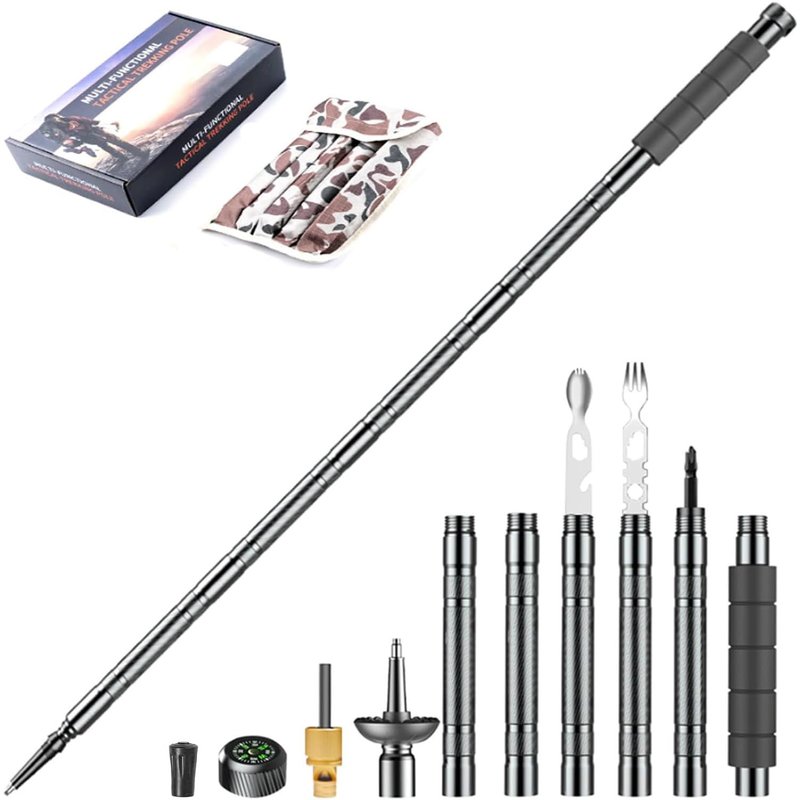 Trekking Pole Tactical Walking Stick, Multifunctional Lightweight Aluminum Collapsible Survival Hiking Pole with Storage Bag for Women Men Seniors Camping Backpacking (6-Section Gray Handle)