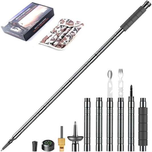 Trekking Pole Tactical Walking Stick, Multifunctional Lightweight Aluminum Collapsible Survival Hiking Pole with Storage Bag for Women Men Seniors Camping Backpacking (6-Section Gray Handle)