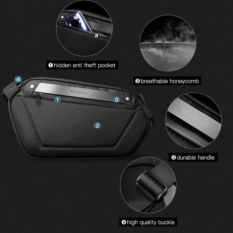 BANGE Sling Bag Waterproof Safe Protect Shell Crossbady Bag Backpack, Biking Hiking Travel Shoulder Bag (Black Large)